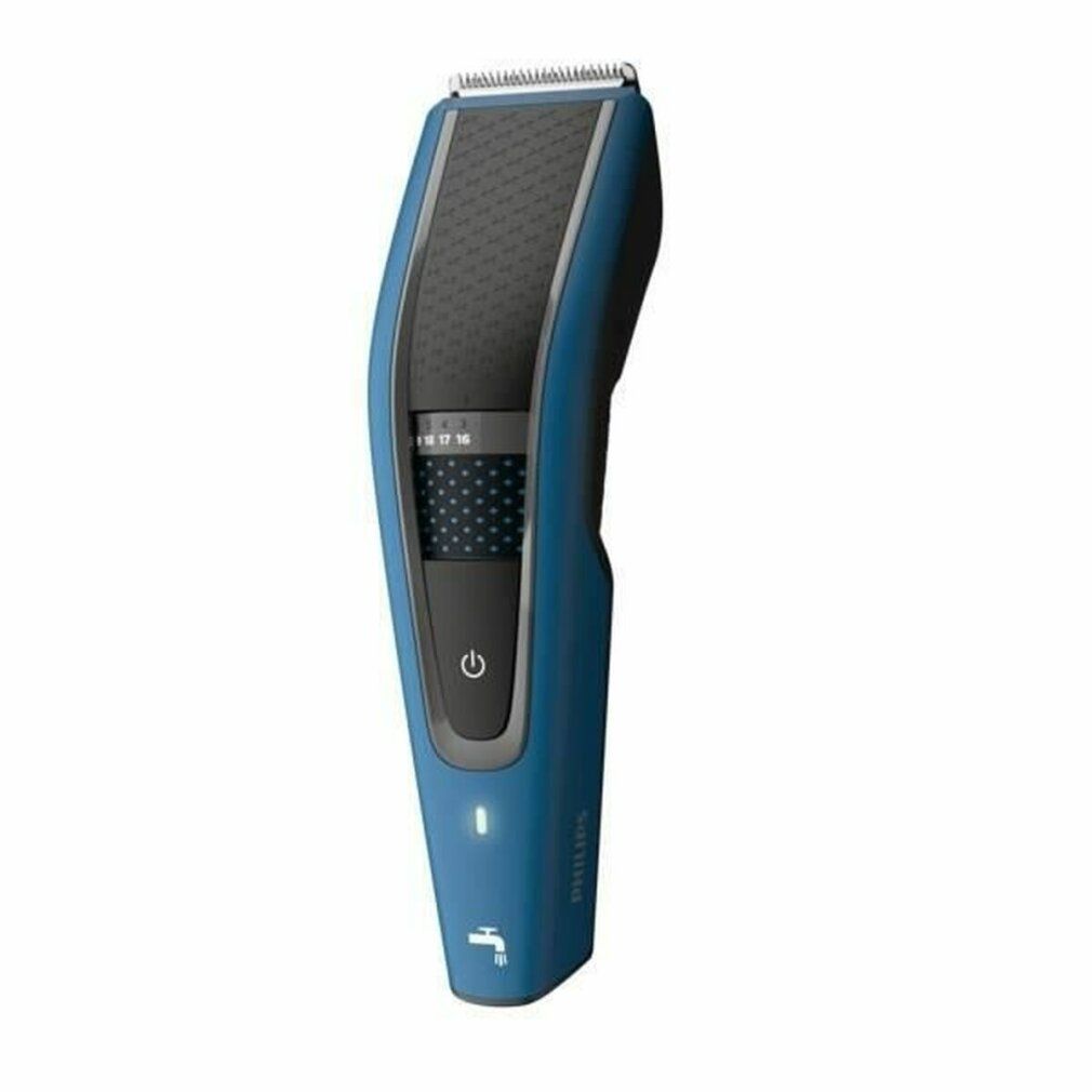 Blauer Haarschneider. Der Haarschneider hat eine blaue Farbe und einen schwarzen Griff. Mit Ein-/Ausschalter und Längeneinstellung.