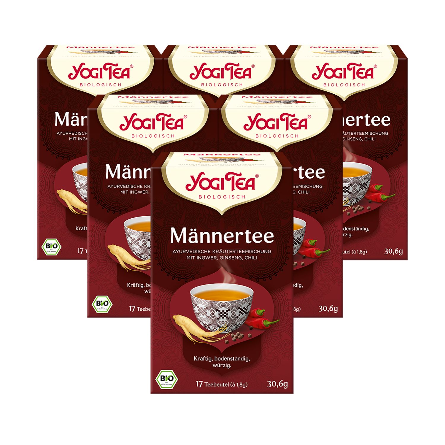 Mehrere Packungen Yogi Tea - Männer Tee Bio Kräutertee. Aufdrucke: Yogi Tea, Männertee, 17 Teebeutel, Bio-Siegel.