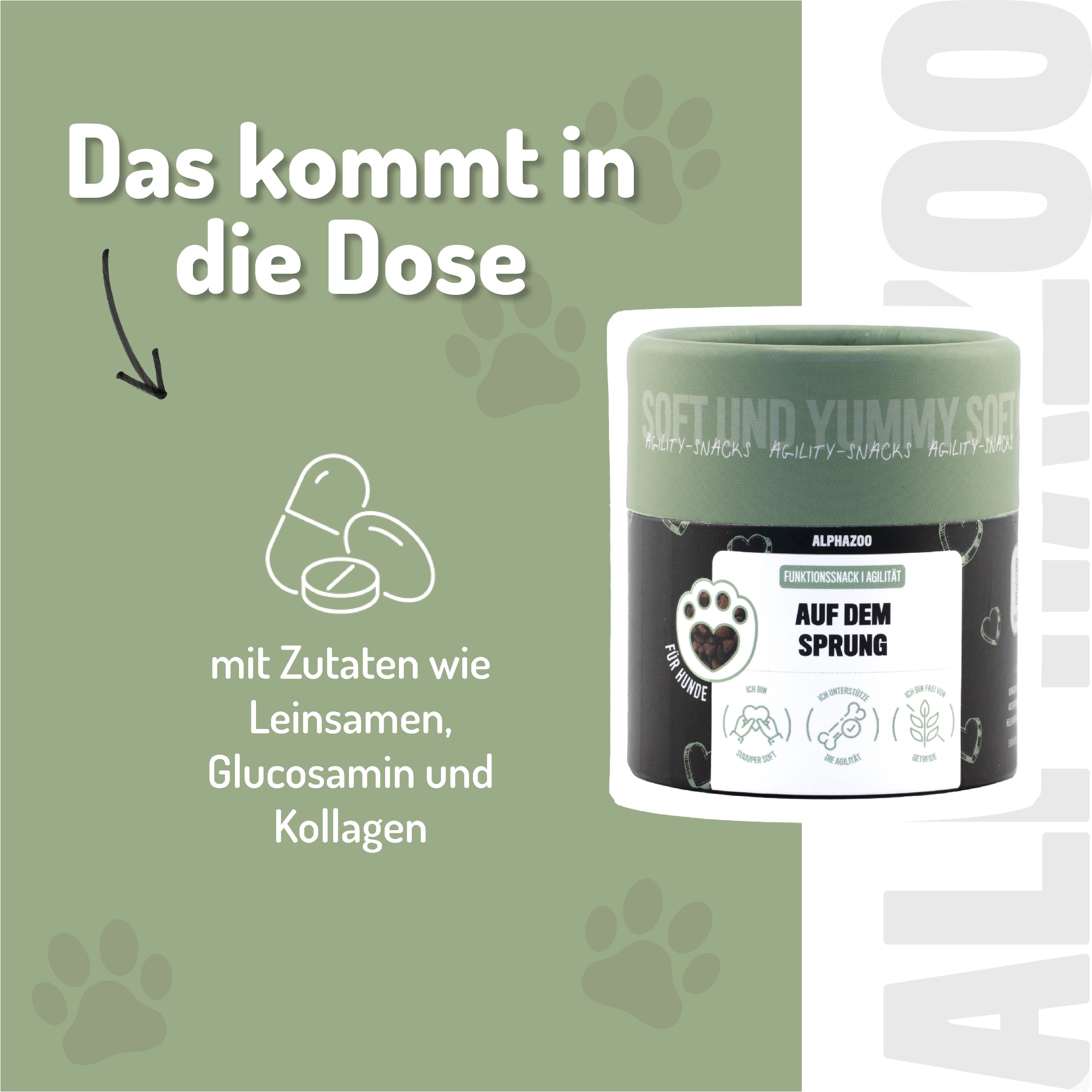 Dose mit "Auf dem Sprung". Illustrationen von Zutaten: Leinsamen, Glucosamin, Kollagen.