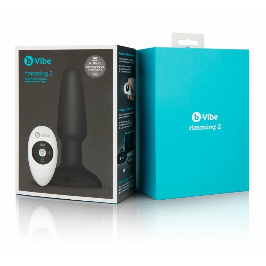 b-Vibe Rim Plug 2 in Verpackung. Schwarzer Plug und Fernbedienung. Produktname und Logo sichtbar. Blaue Box.