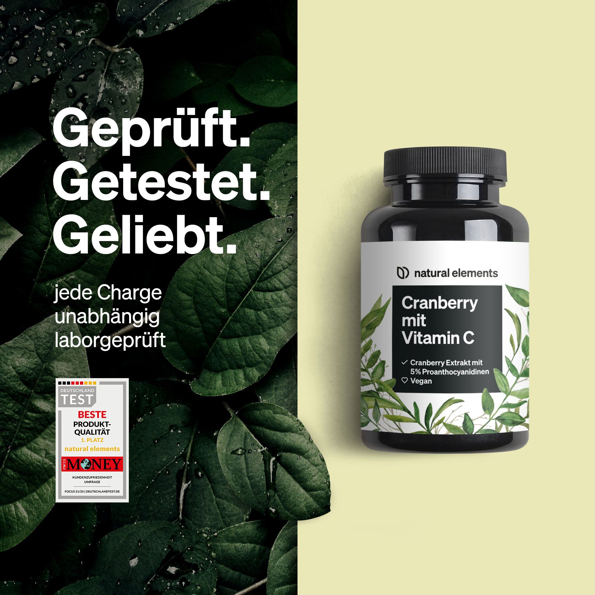 Schwarze Flasche mit weißem Etikett. Aufschrift: Cranberry mit Vitamin C. Enthält Cranberry Extrakt und ist vegan. Mit Qualitätszeichen.