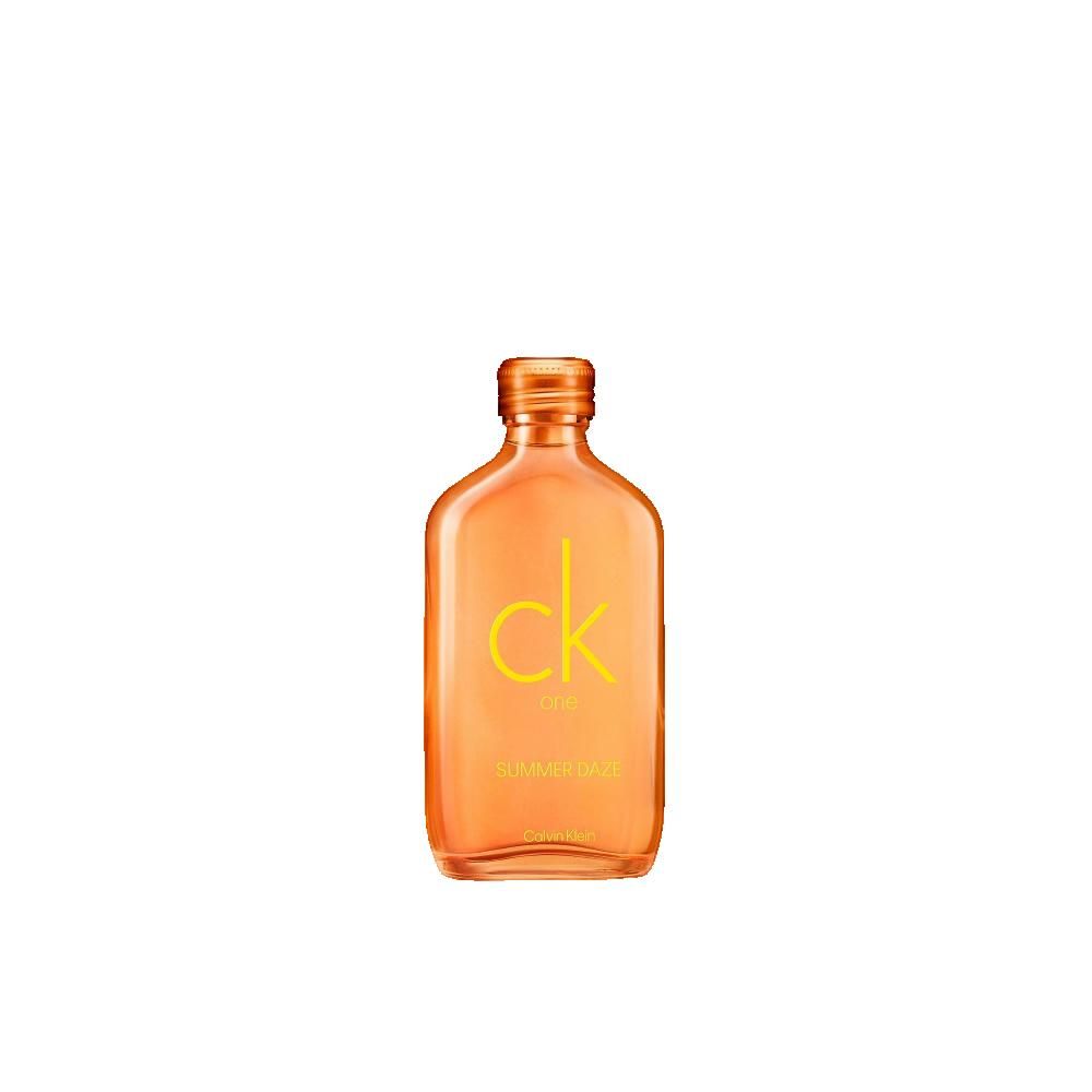 Orangefarbene Flasche mit gelbem Schriftzug "ck one Summer Daze".