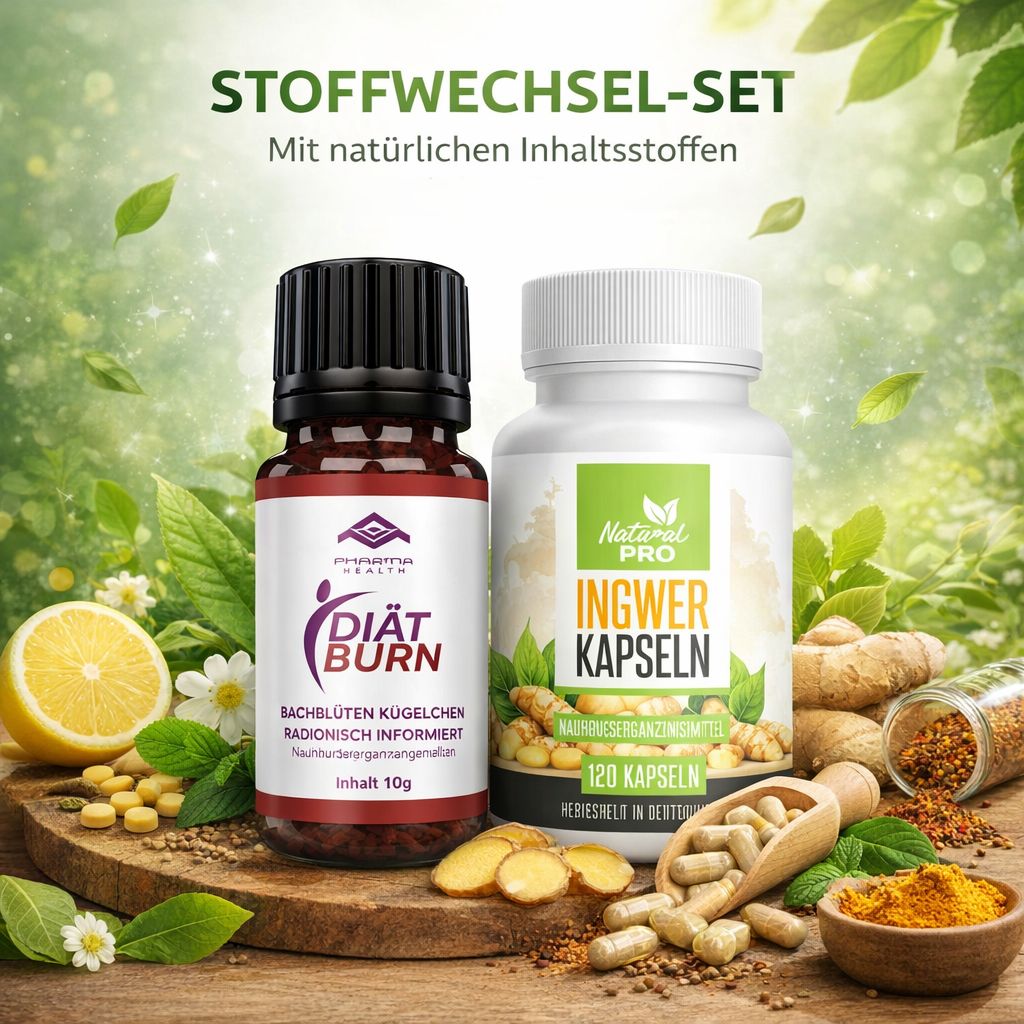 Zwei Flaschen und eine Tropfflasche. Aufschrift: Stoffwechsel-Set, Ingwer Kapseln, Diät Burn. Mit Zitronen und Ingwer.