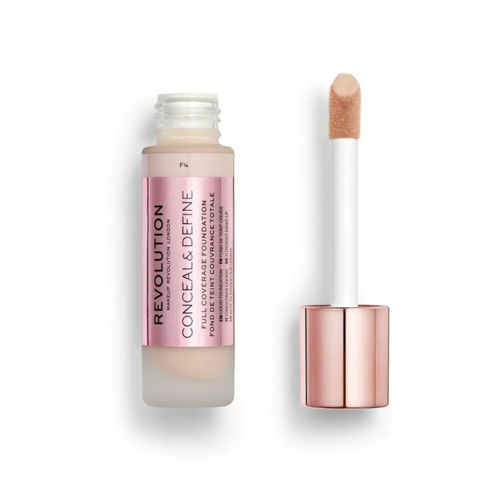 Make-up-Fläschchen mit rosafarbenem Etikett. Deckel und Applikator in Roségold. Applikator mit Schwammspitze. Produktname: CONCEAL & DEFINE.