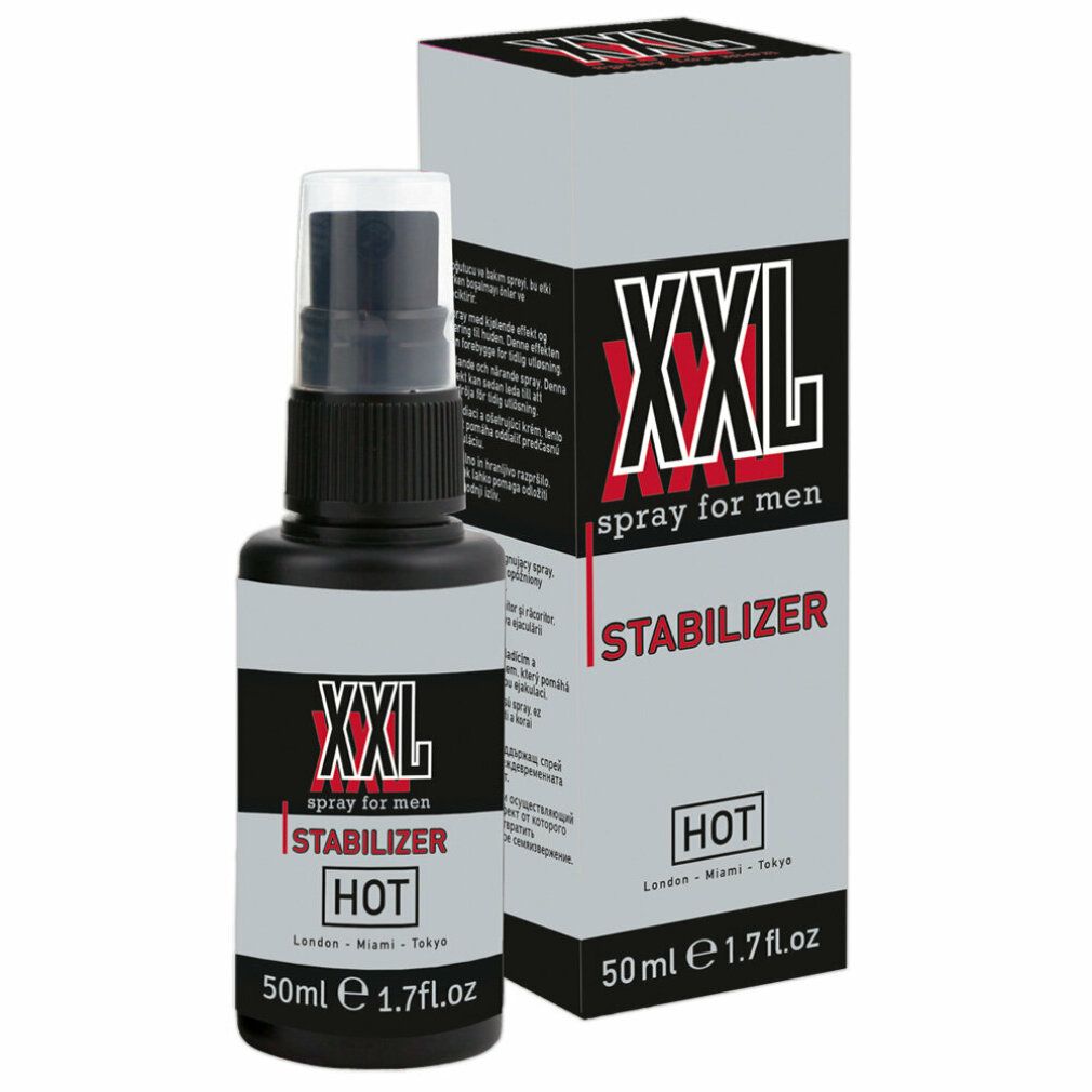 Schwarze Sprühflasche mit Produktnamen und Verpackung. Aufschrift: XXL Stabilizer, 50ml, HOT.