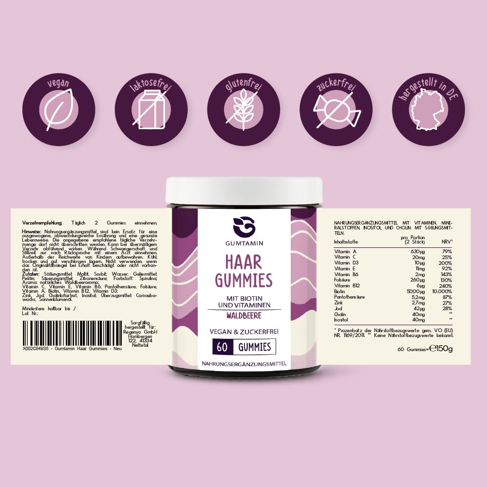 Dose mit Etikett. Text: GUMTAMIN Haar Gummies, mit Biotin und Waldbeere, Vegan & Zuckerfrei, 60 Gummies. Auf dem Etikett sind Nährwertangaben und Logos.