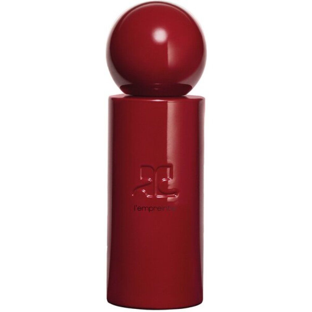 Roter Parfumflakon mit rundem Deckel. Flakon mit Markenlogo und Produktnamen. Zylindrische Form.