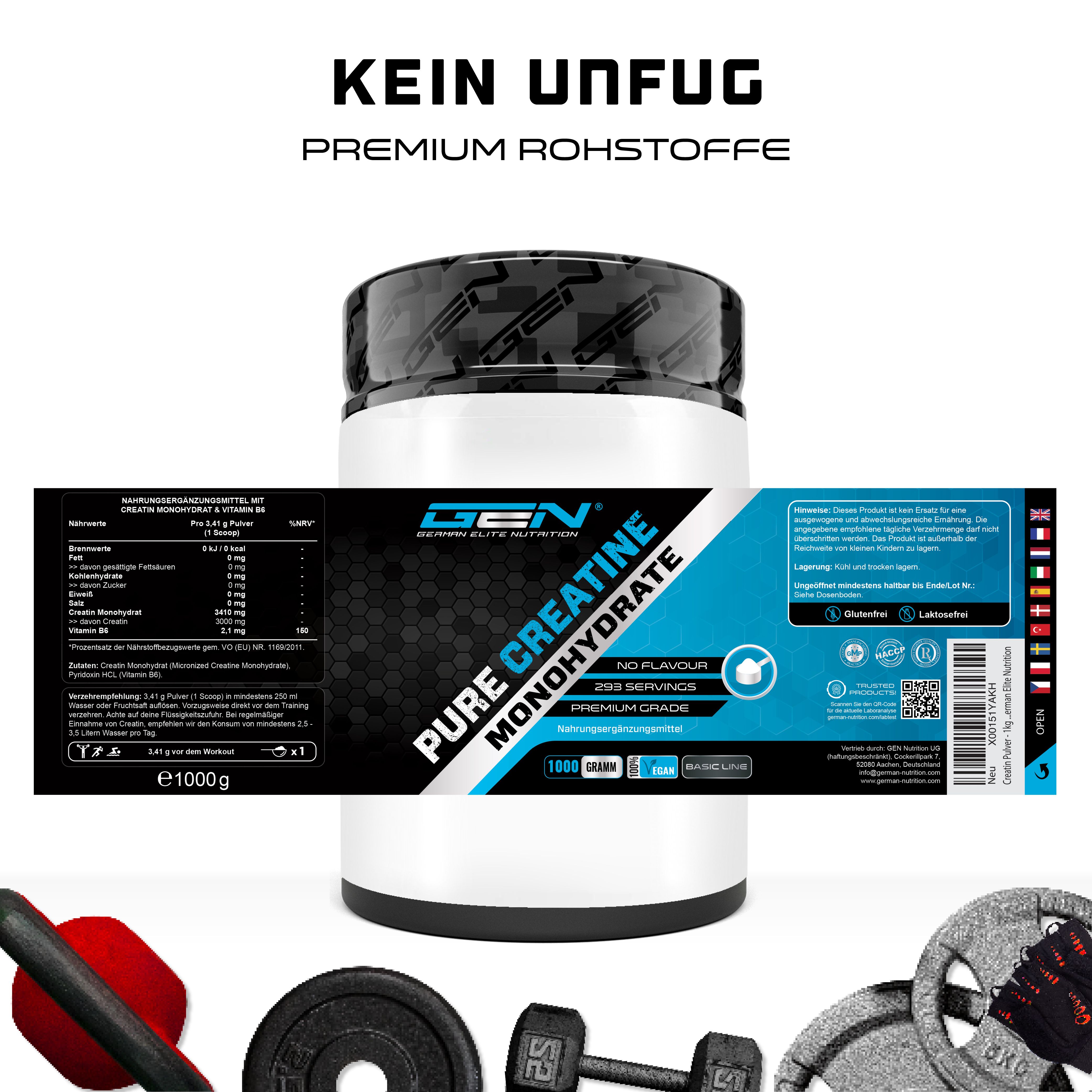 Produktverpackung von GEN Creatin Monohydrat. Dose mit blauem Etikett. Enthält Informationen zu Inhaltsstoffen und Nährwerten.