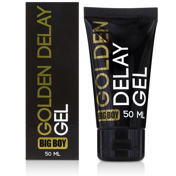 Schwarze Tube und Verpackung mit goldfarbenem Text. Aufschrift: GOLDEN DELAY GEL, BIG BOY, 50 ML.