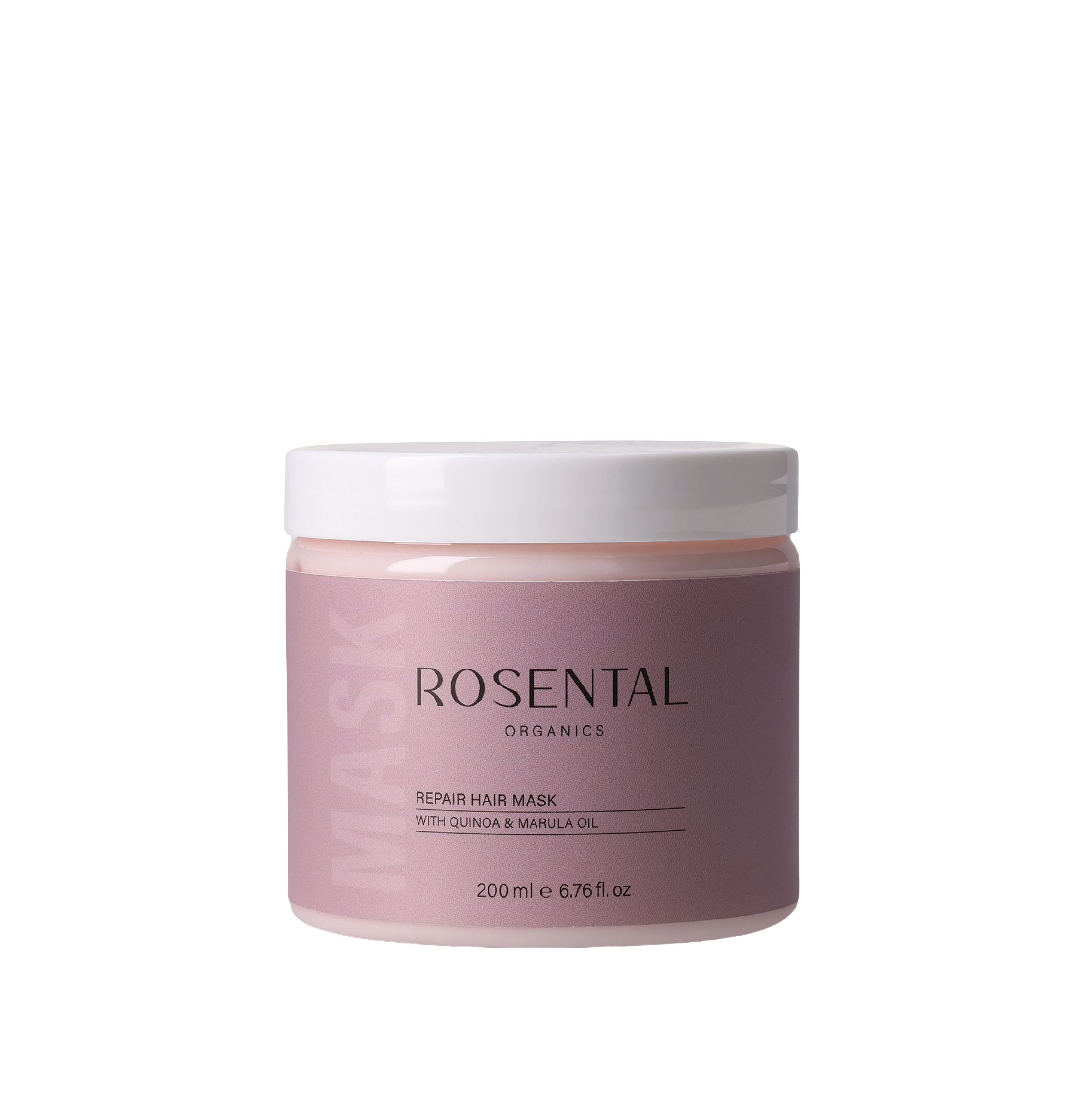 Glas mit Rosental Organics Repair Hair Mask. Aufschrift: Repair Hair Mask, mit Quinoa & Marula Oil. 200 ml.