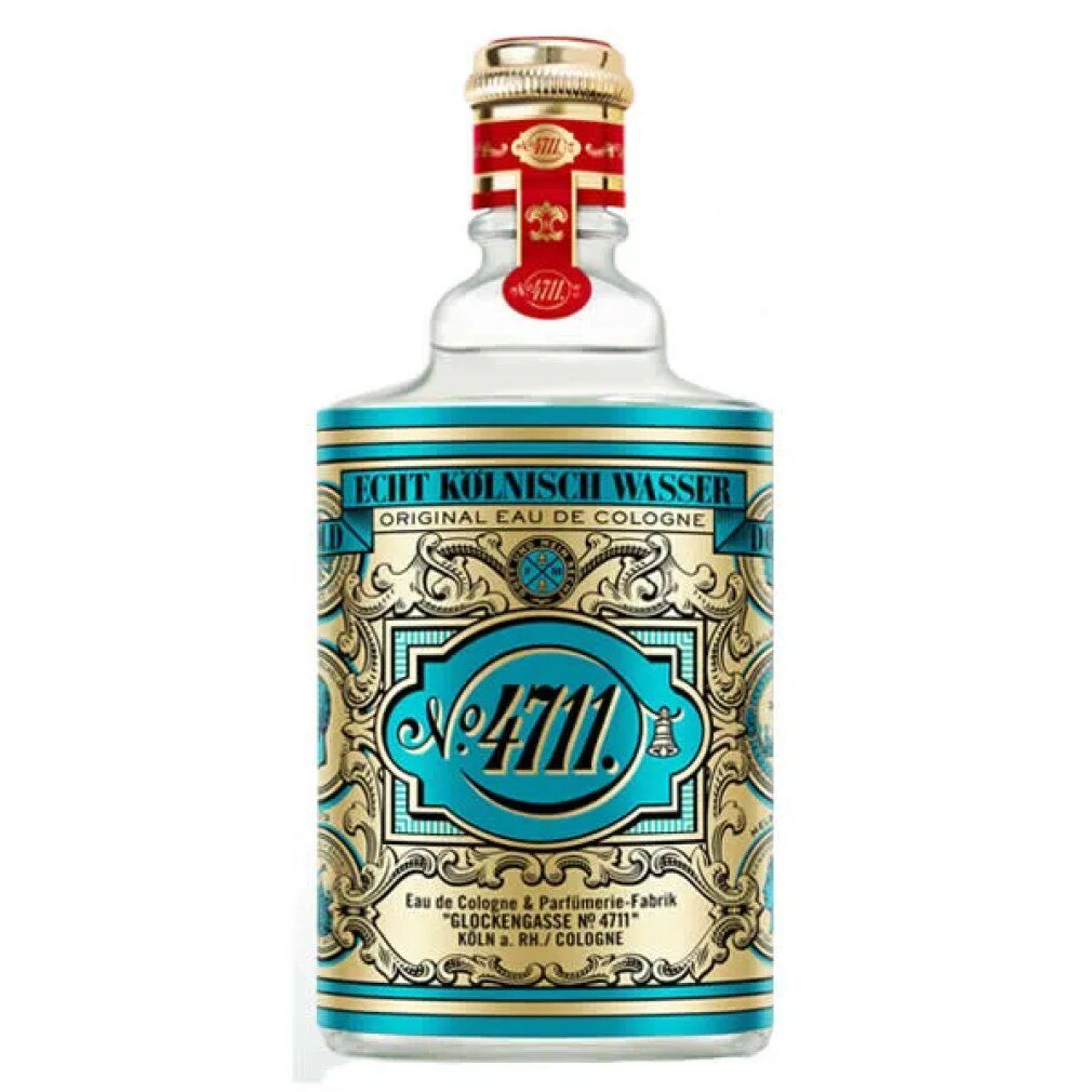 Glasflasche 4711 Eau de Cologne mit goldenem Verschluss und Etikett. Auf dem Etikett steht "Echt Kölnisch Wasser" und "No. 4711".