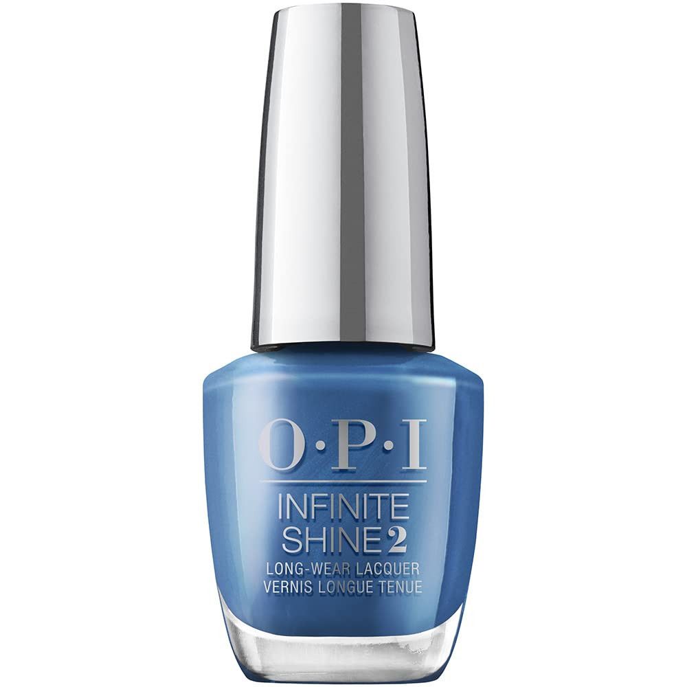 OPI Nagellacke Infinite Shine 2 Flasche. Blau, silberner Deckel, Produktname.