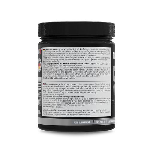 Rückseite der schwarzen Dose MST Creatine. Dosierungsempfehlung, Warnhinweise. Deutsches Flaggen-Design.