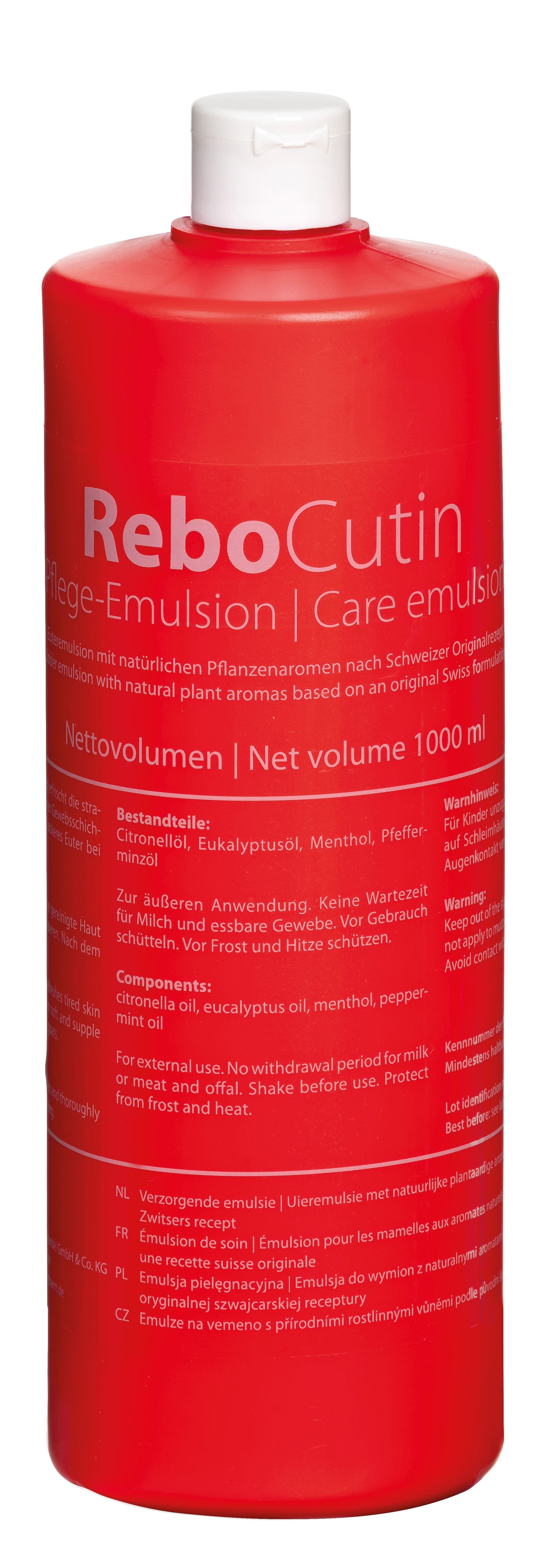 Rote Flasche ReboCutin Euteremulsion, 1000 ml Netto-Volumen. Enthält Pflanzenaromen.