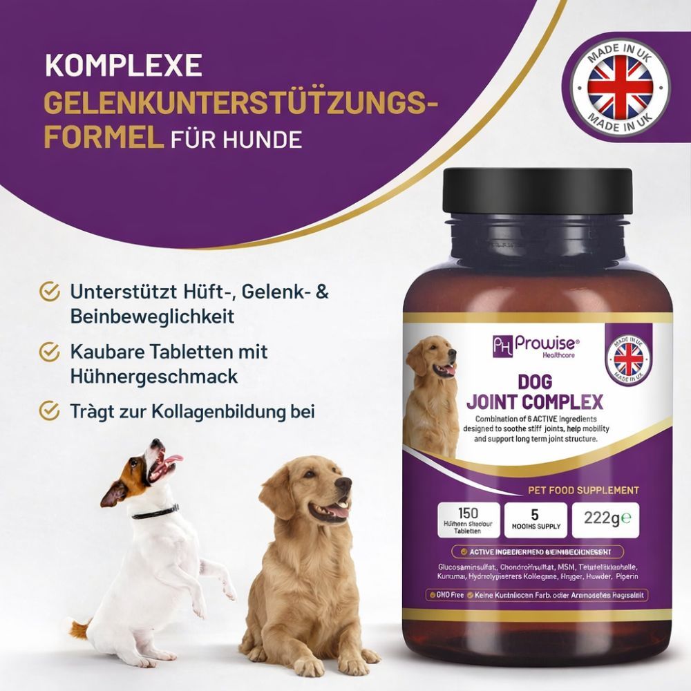 Produktflasche mit Aufschrift Dog Joint Complex. Enthält 150 Tabletten. Hunde-Gelenkergänzung mit Hähnchen-Geschmack.