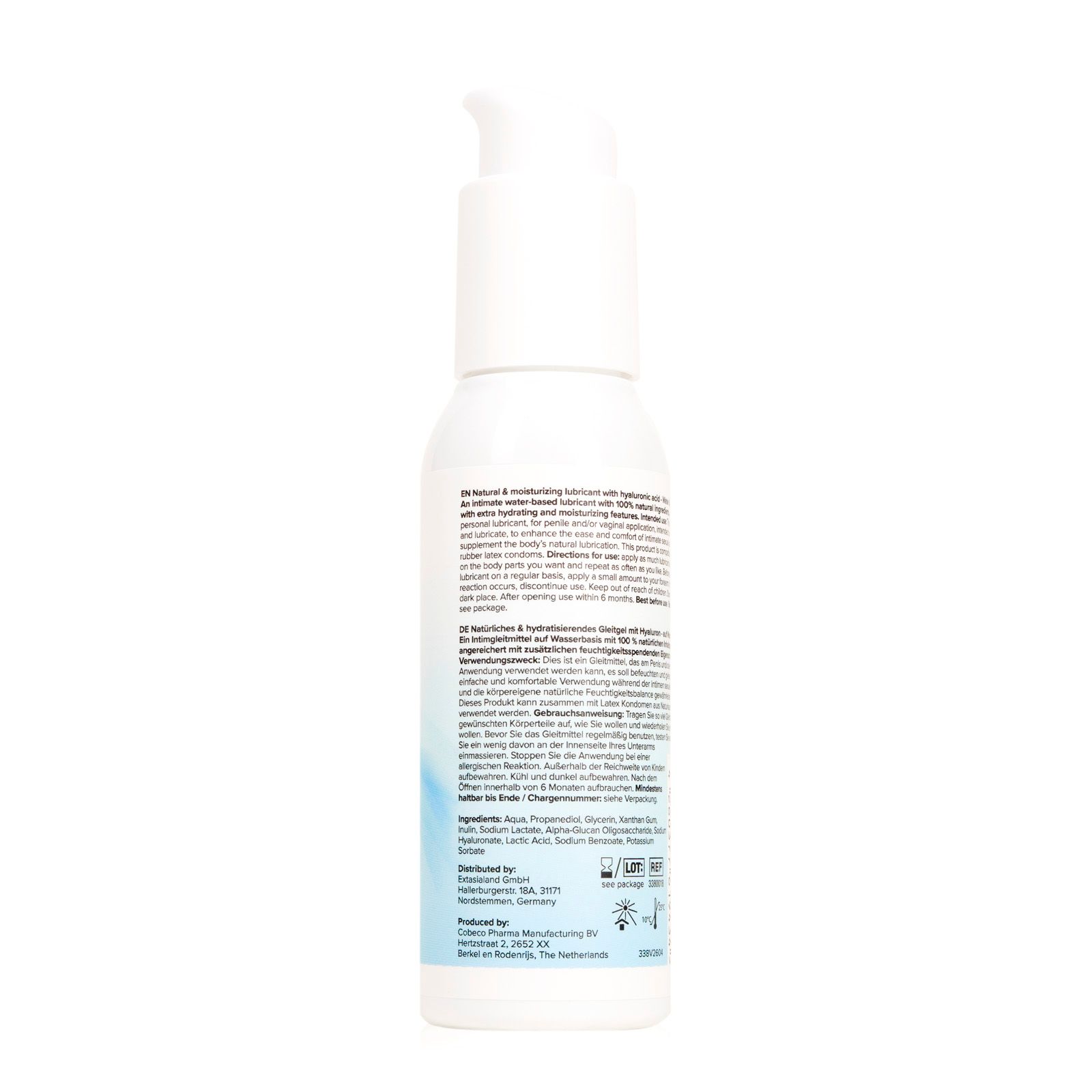 Rückseite der Flasche mit Produktinformationen, Inhaltsstoffen und Symbolen.
