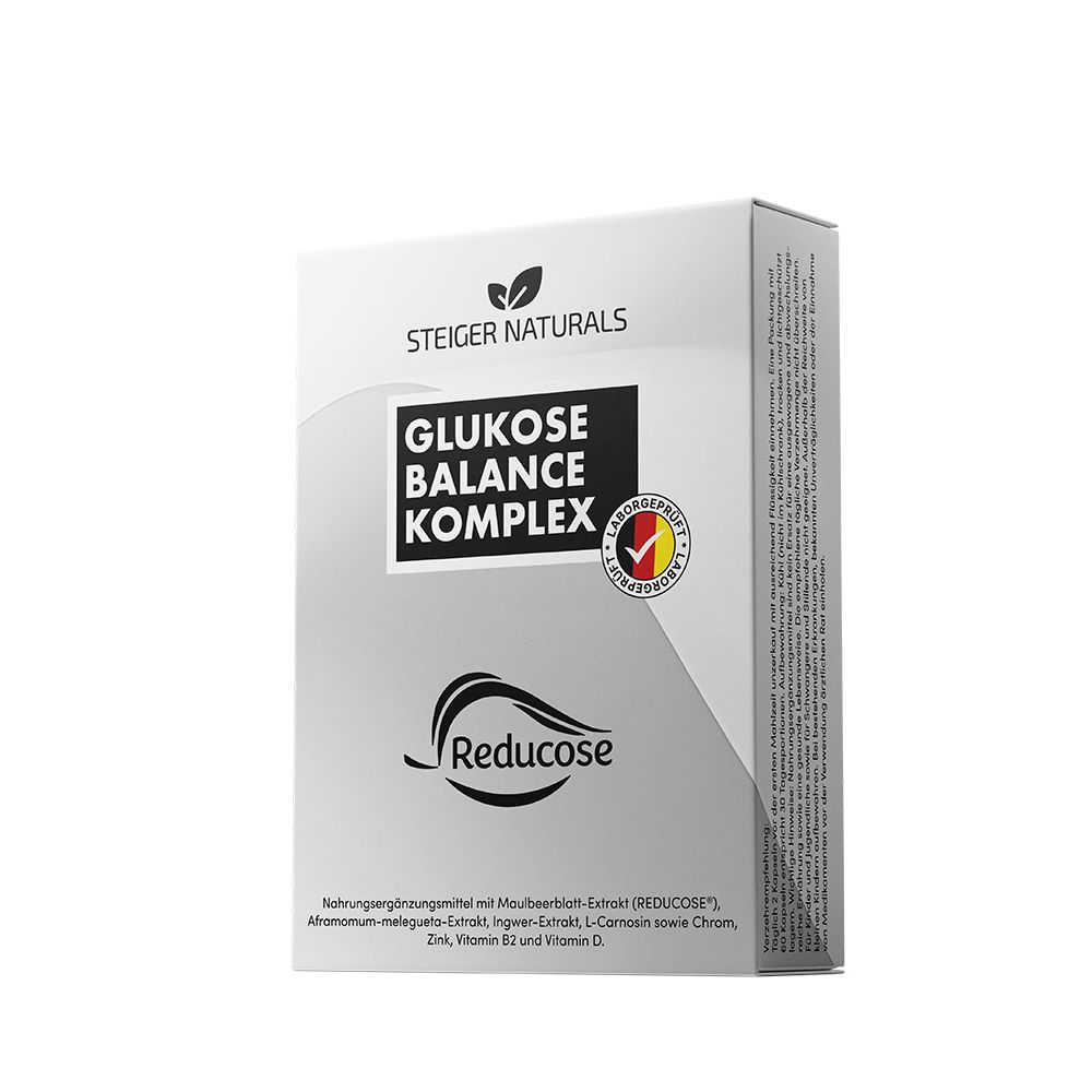 Weiße Verpackung mit Aufschrift 'Steiger Naturals Glukose Balance Komplex'. Logo und 'Reducose' Schriftzug. Siegel.