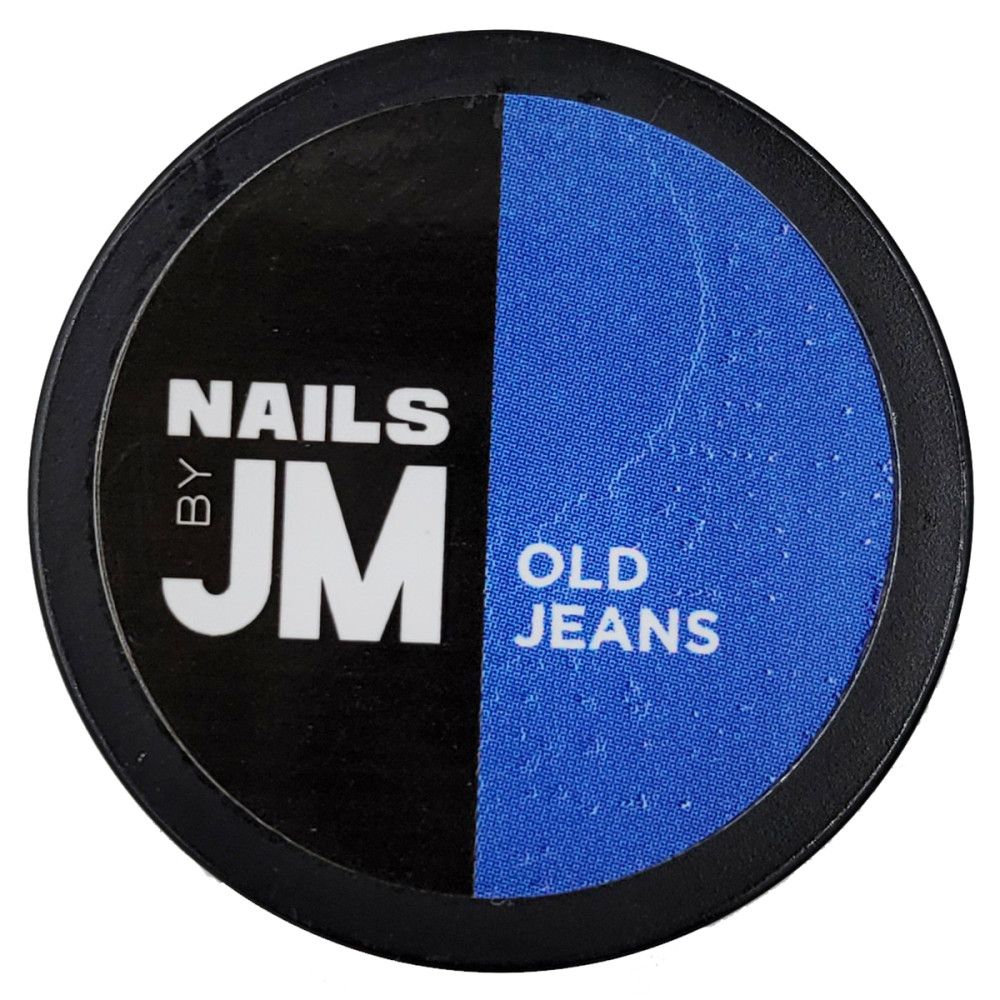 Runder Behälter, geteilt in Schwarz und Blau. Auf Schwarz steht "NAILS BY JM". Auf Blau steht "OLD JEANS".