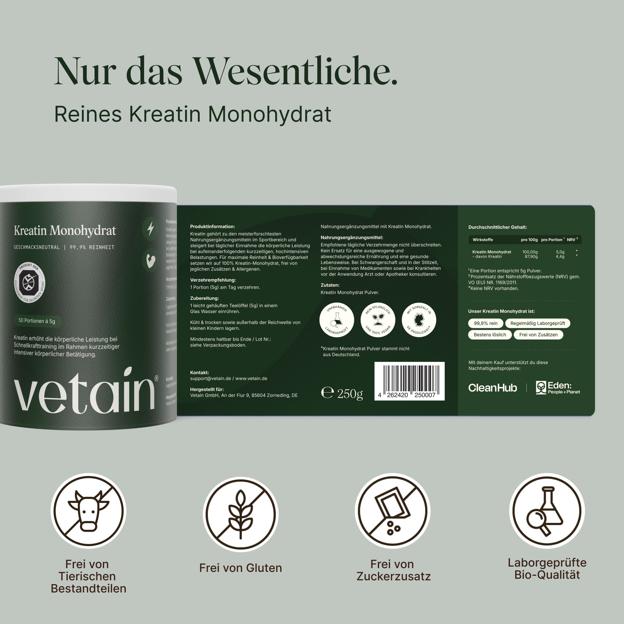VETAIN Kreatin Monohydrat Dose mit Siegeln: Frei von Tierischen Bestandteilen, Gluten, Zuckerzusatz, Laborgeprüft.