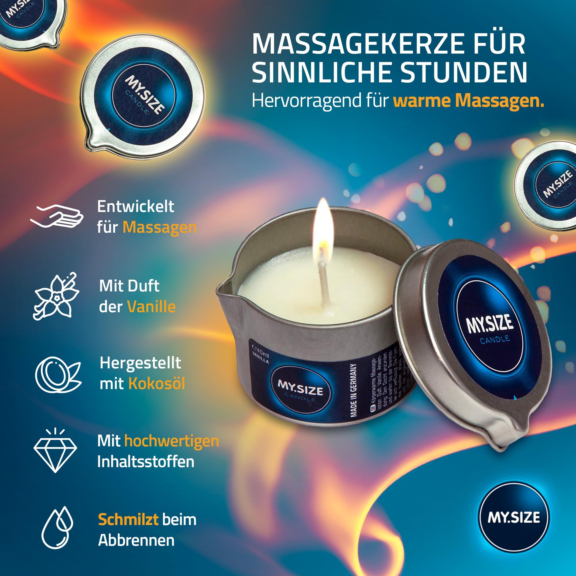 Massagekerze mit Vanilleduft, umgeben von Kondomen und Flammen.