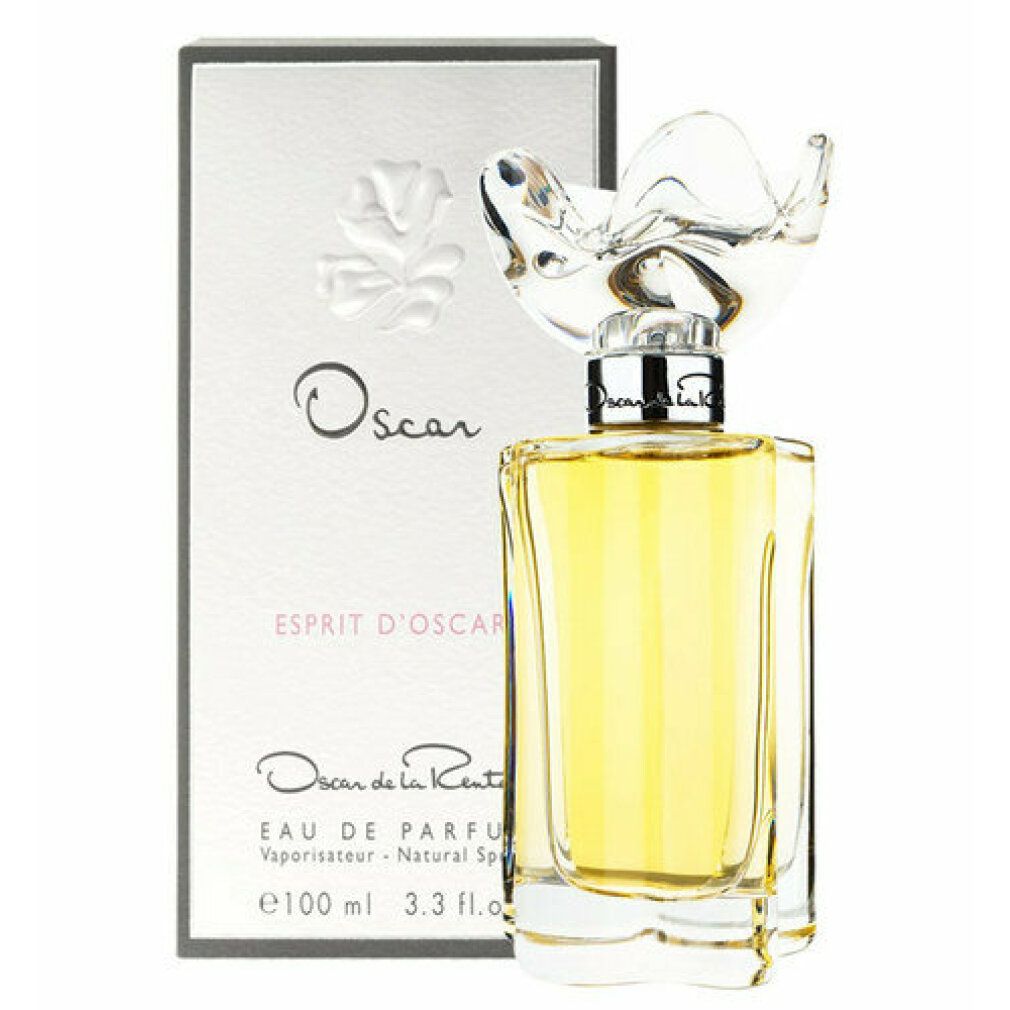 Parfümflakon mit Blumendeckel und Karton. Aufschrift: Oscar, Esprit d'Oscar, Eau de Parfum, 100 ml.
