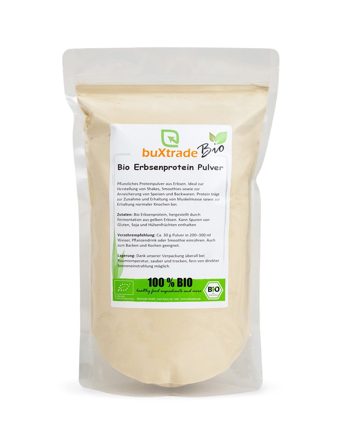 Verpackung mit buXtrade Bio Erbsenprotein Pulver. Enthält Bio-Siegel und 100% BIO Aufschrift.