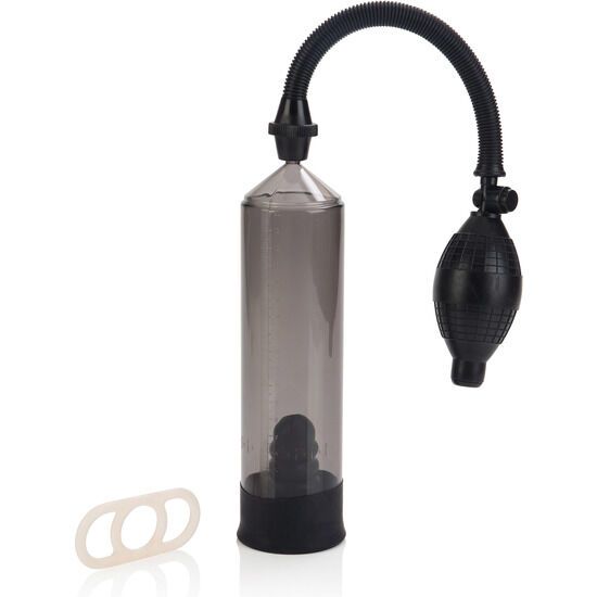 Zylindrische Pumpe mit Schlauch und Ball. Enthält einen Ring. Schwarze und transparente Elemente.