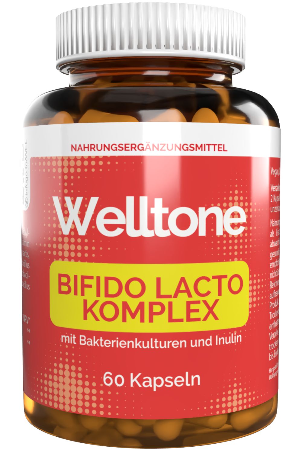 Braune Kapseln in einer transparenten Flasche. Aufschrift: Welltone Bifido Lacto Komplex. 60 Kapseln.