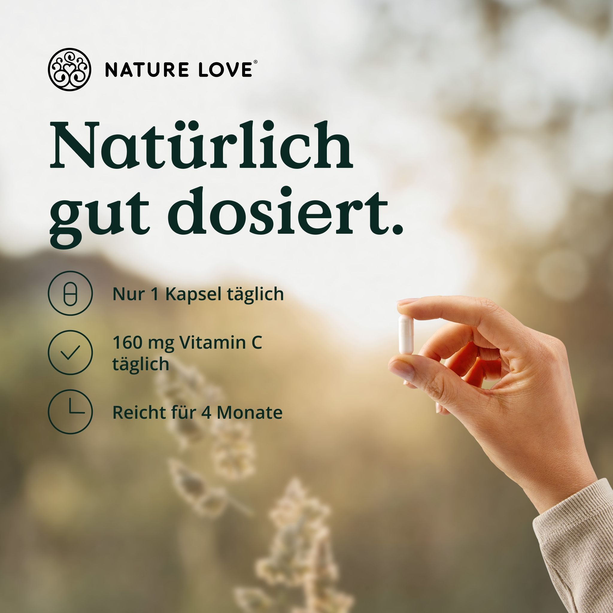 Hand hält eine weiße Kapsel. Text: Nur 1 Kapsel täglich, 160 mg Vitamin C, Reicht für 4 Monate. Hintergrund: verschwommene Natur.