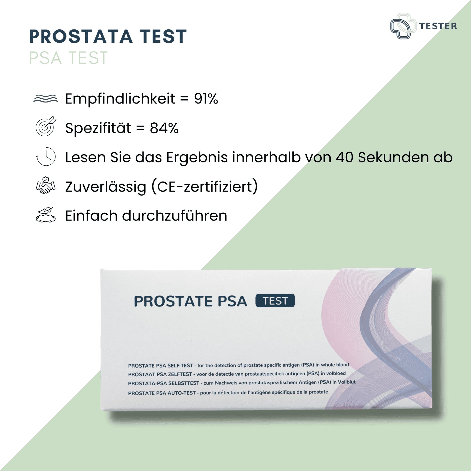 Prostata Test - PSA: Informationen zu Empfindlichkeit, Spezifität, Ergebniszeit und CE-Zertifizierung.