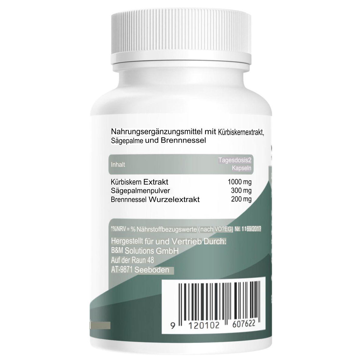 Rückseite der weißen Flasche. Text: Inhaltsstoffe, Tagesdosis, Herstellerinformationen, Barcode.