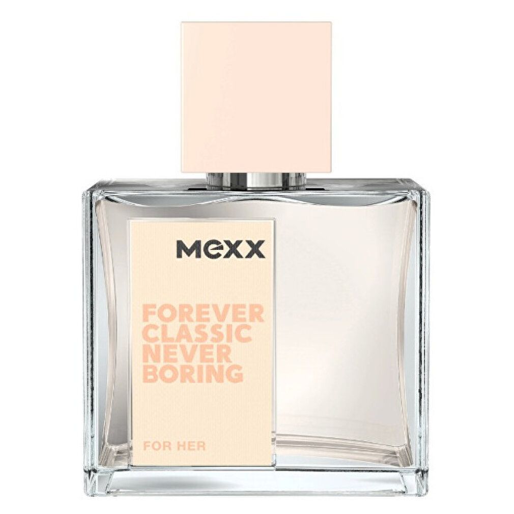 Quadratischer Flakon mit hellrosa Verschluss. Aufschrift: MEXX, Forever Classic Never Boring, For Her.