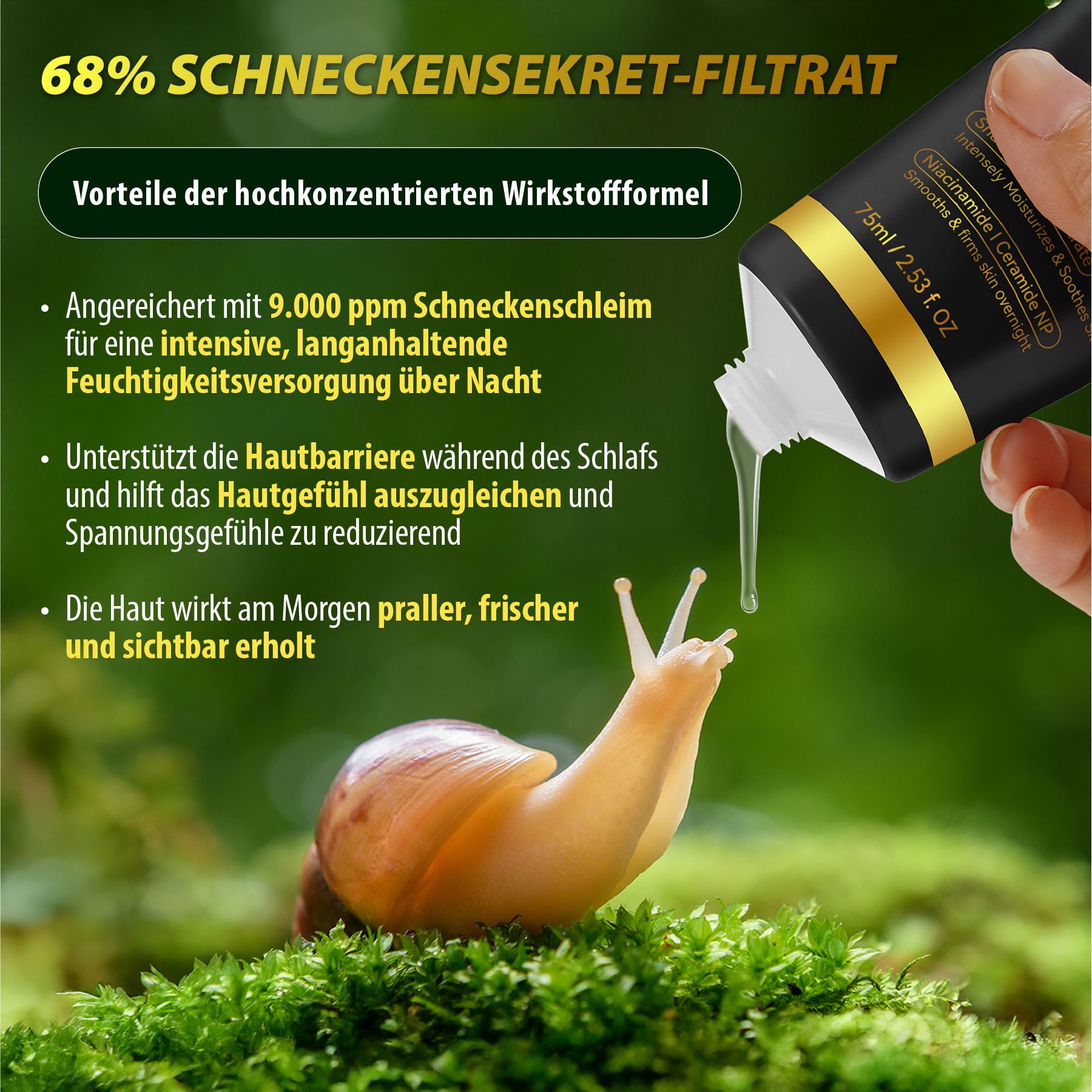 Produkt-Tube mit Schneckensekret-Filtrat. Flüssigkeit fließt aus dem Tube. Hintergrund mit Moos und Schnecke.