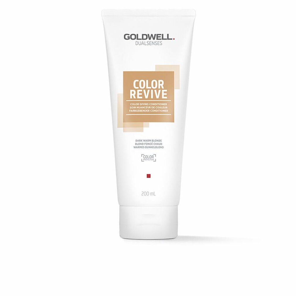 Weiße Tube mit Produktnamen und Schriftzug. Goldwell Dualsenses Color Revive, Dark Warm Blonde. 200 ml.
