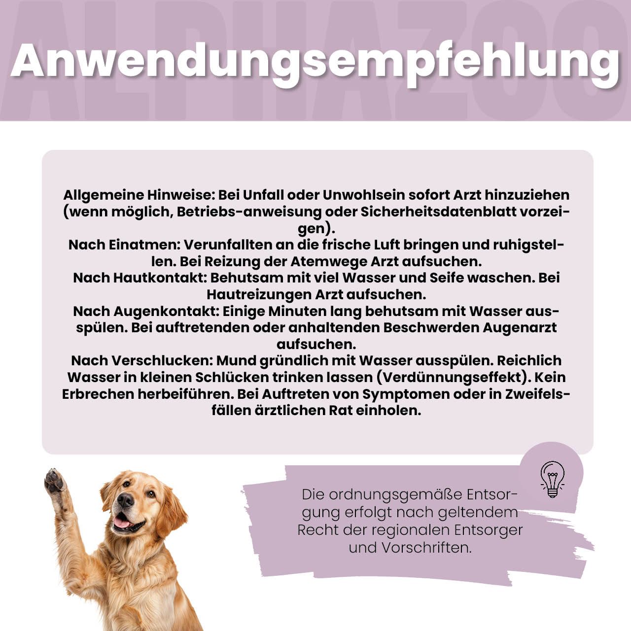 Anwendungsempfehlung. Text: Allgemeine Hinweise, Erste Hilfe, Augenkontakt, Verschlucken, Entsorgung.