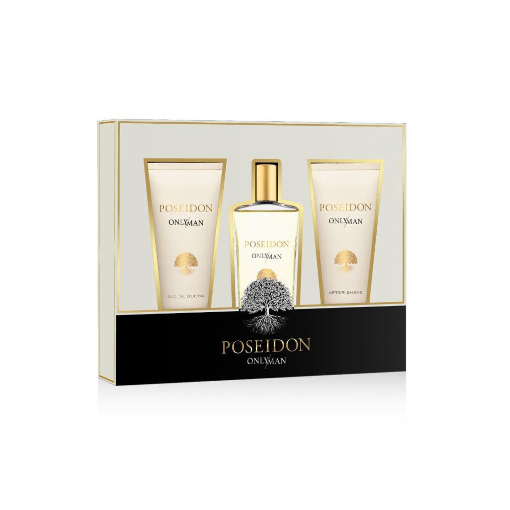 Geschenkset mit Parfüm, Duschgel und After Shave. Verpackung mit goldfarbenen Akzenten. Produktnamen: Poseidon Only Man.