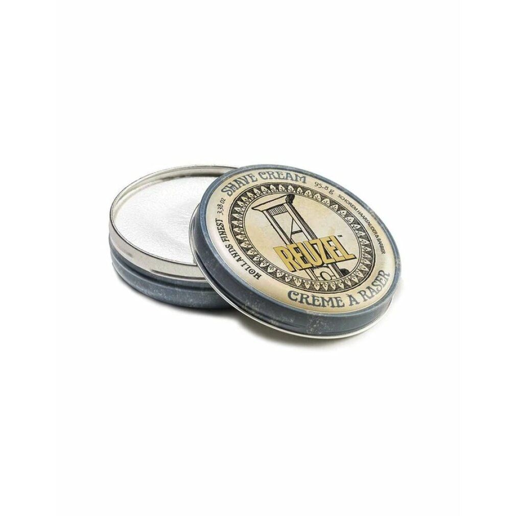 Geöffnete Dose mit Rasiercreme. Dose mit Aufschrift "Shave Cream" und "Reuzel". Blaue Dose mit goldenem Deckel.