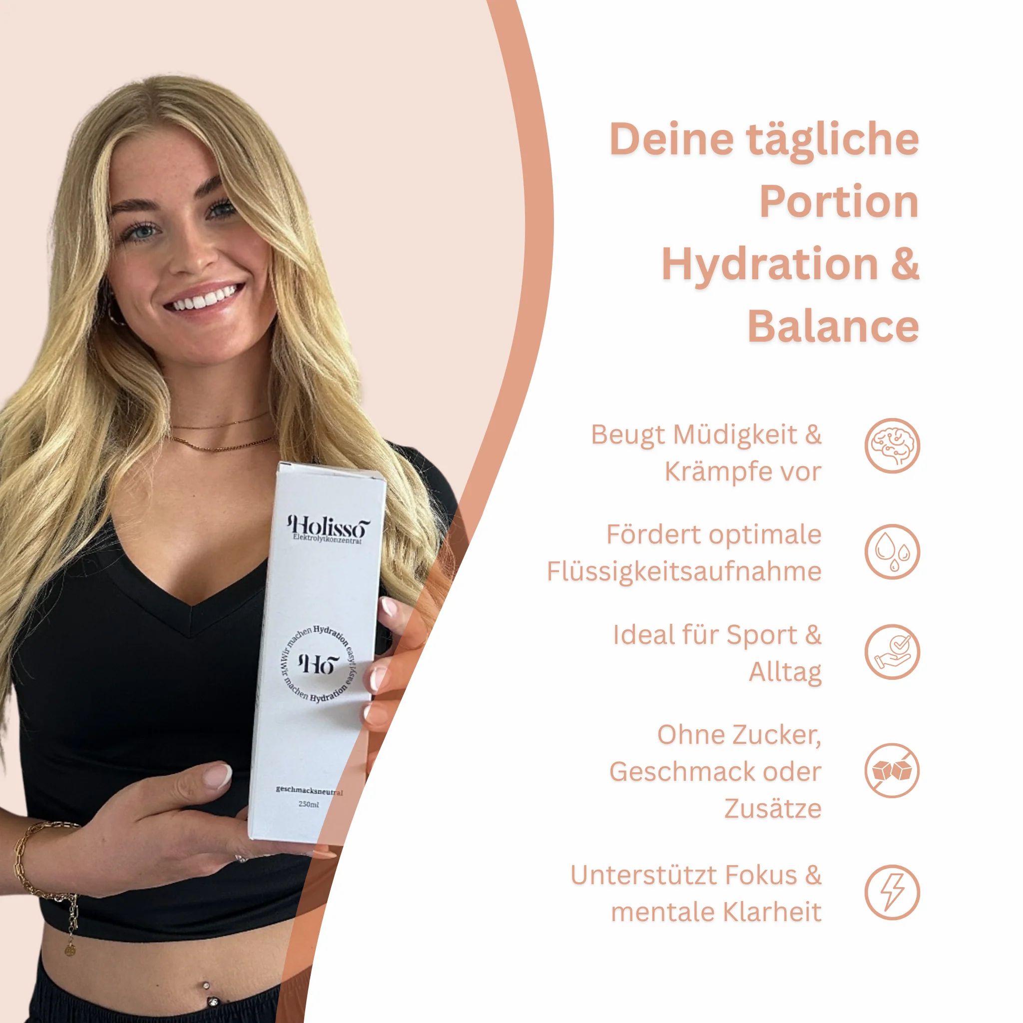 Frau hält Produktverpackung. Text: Hydration & Balance. Vorteile: Müdigkeit, Flüssigkeitsaufnahme, Sport, ohne Zucker, Fokus.