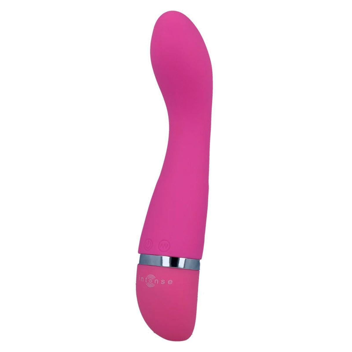 Pinkfarbener Vibrator mit geschwungener Form. Silberfarbener Ring am unteren Ende. Marke: Intense.