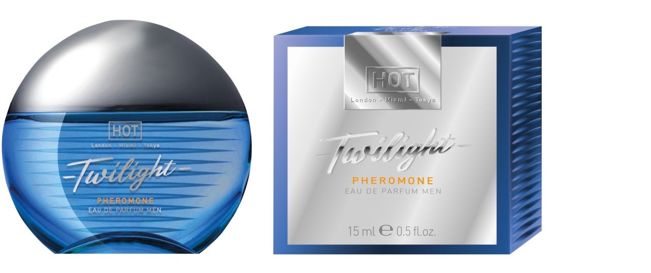 Blauer Flakon und Verpackung. Text: Twilight Pheromone Eau de Parfum Men. 15ml. HOT-Logo.
