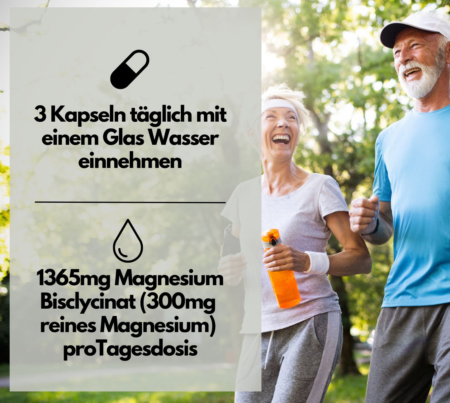 Zwei ältere Menschen joggen. Text: 3 Kapseln täglich mit Wasser einnehmen. 1365mg Magnesium Bisglycinat pro Tagesdosis.