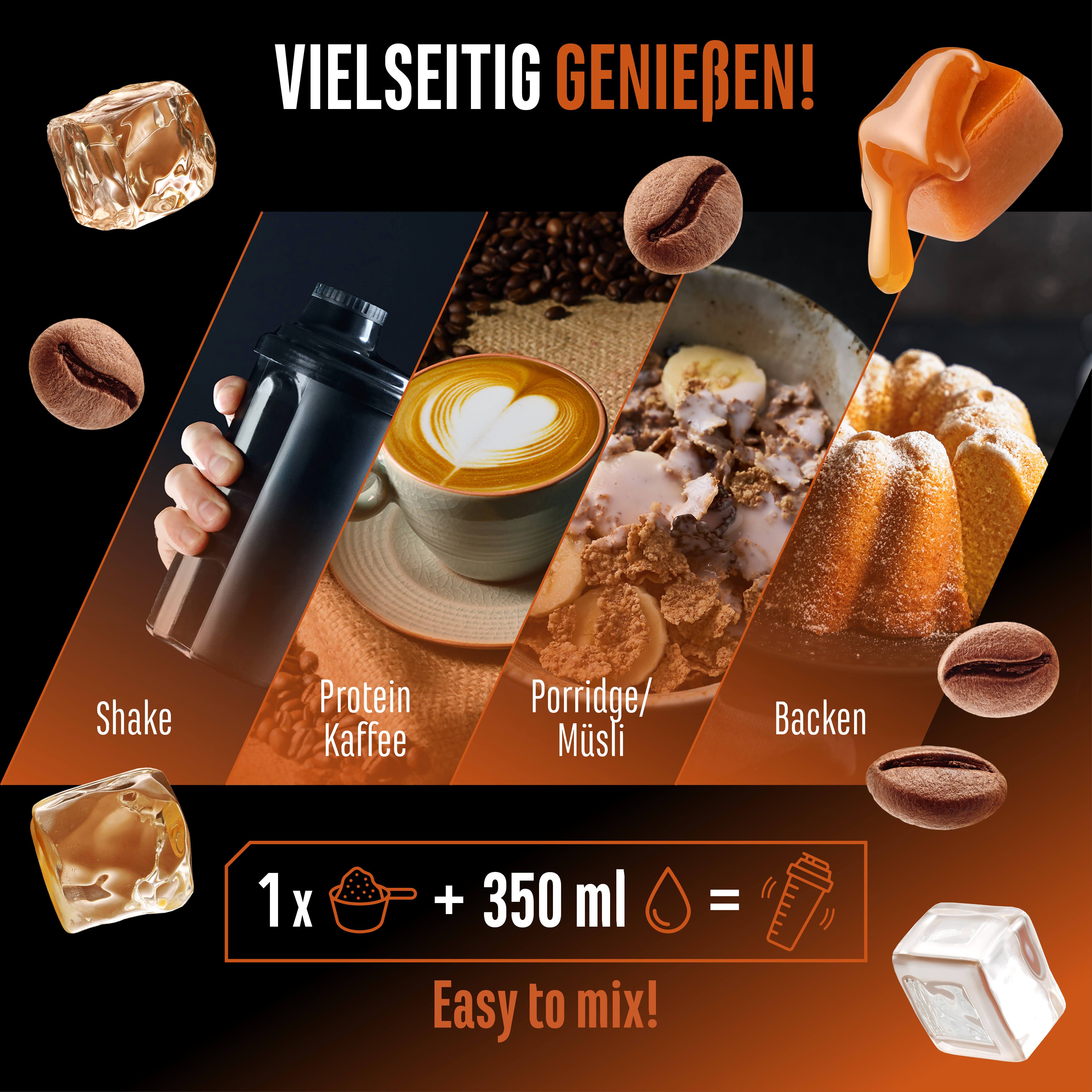 Werbebild mit verschiedenen Zubereitungsmöglichkeiten. Zeigt Shake, Kaffee, Porridge/Müsli und Backen.