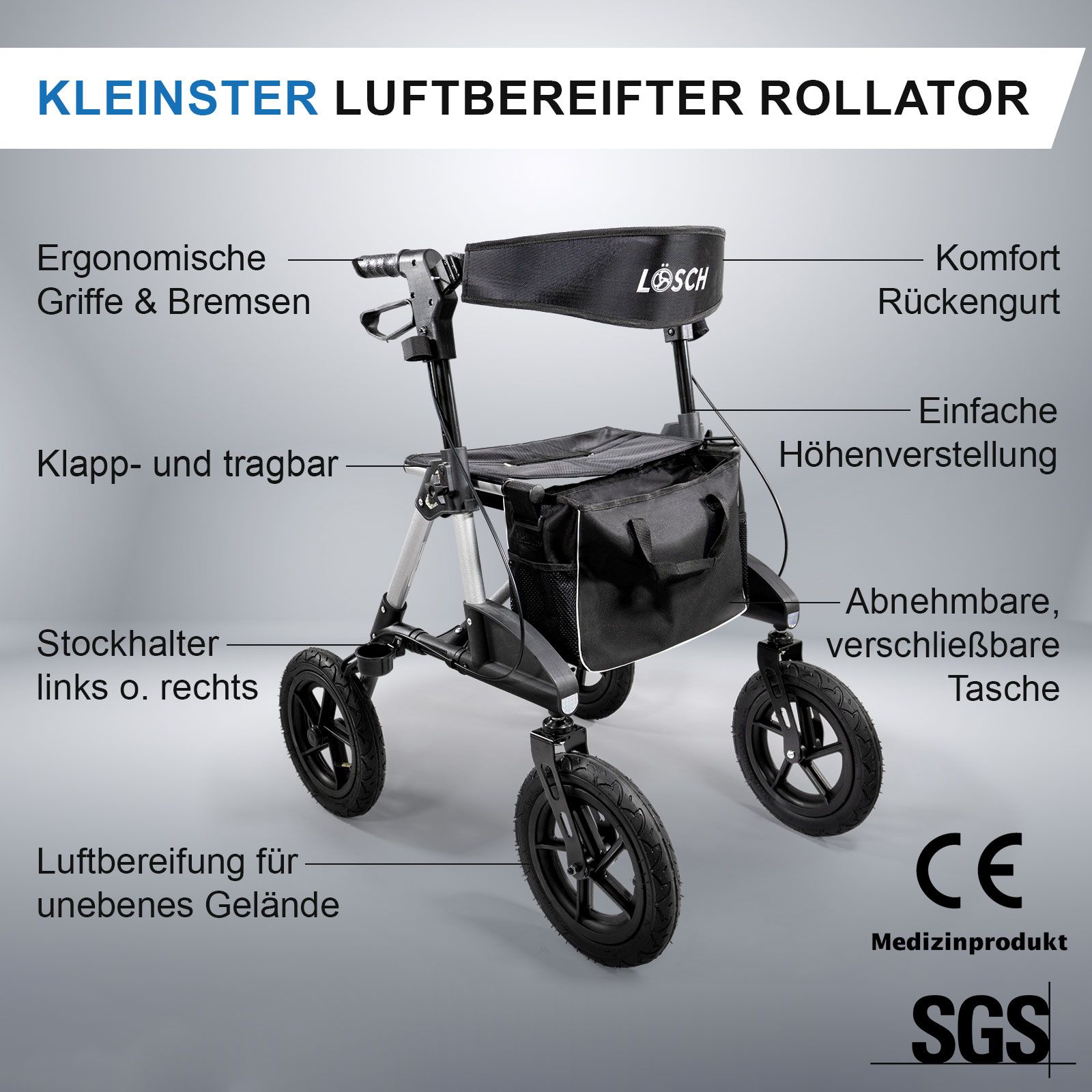 Rollator mit Luftbereifung, schwarzer Tasche und Sitz. Text: Ergonomische Griffe, Klappbar, CE-Zeichen, SGS-Logo.