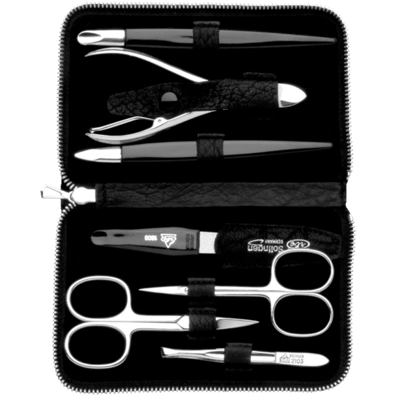 Schwarzes Reiseetui mit 7 Maniküre-Instrumenten aus Metall, darunter Schere, Pinzette und Nagelknipser.