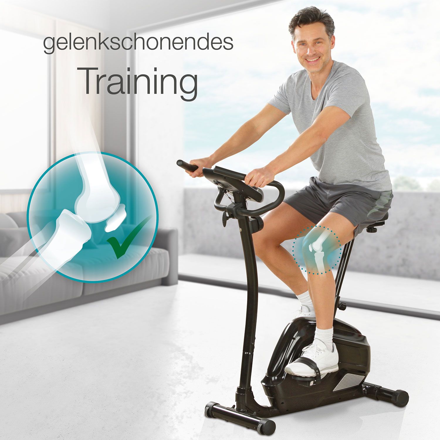 Mann auf schwarzem Heimtrainer. Gelenkschonendes Training. Illustration Kniegelenk. Person trägt Sportkleidung und sitzt auf dem Gerät.