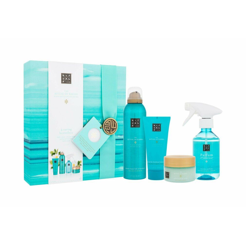 Geschenkset mit mehreren Körperpflegeprodukten. Türkisfarbene Verpackung mit Schleife und Anhänger. Enthält Sprays, Cremes und Lotionen.