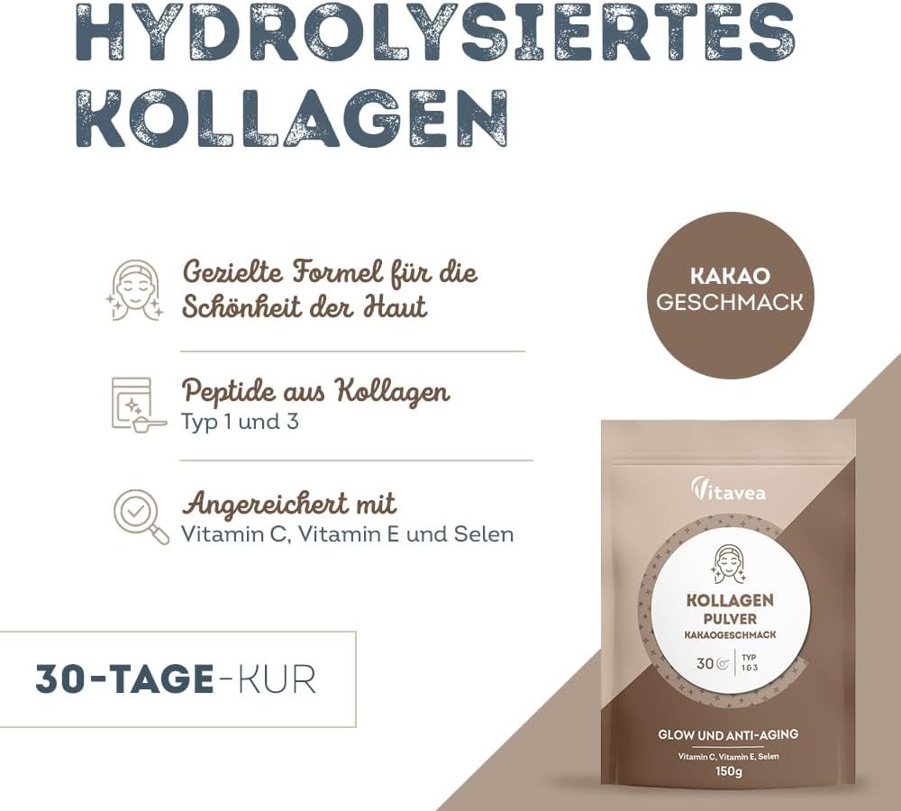 Werbung für Kollagenpulver. Text: Hydrolysiertes Kollagen, Gezielte Formel, Peptide, angereichert mit Vitaminen. Produktverpackung rechts.