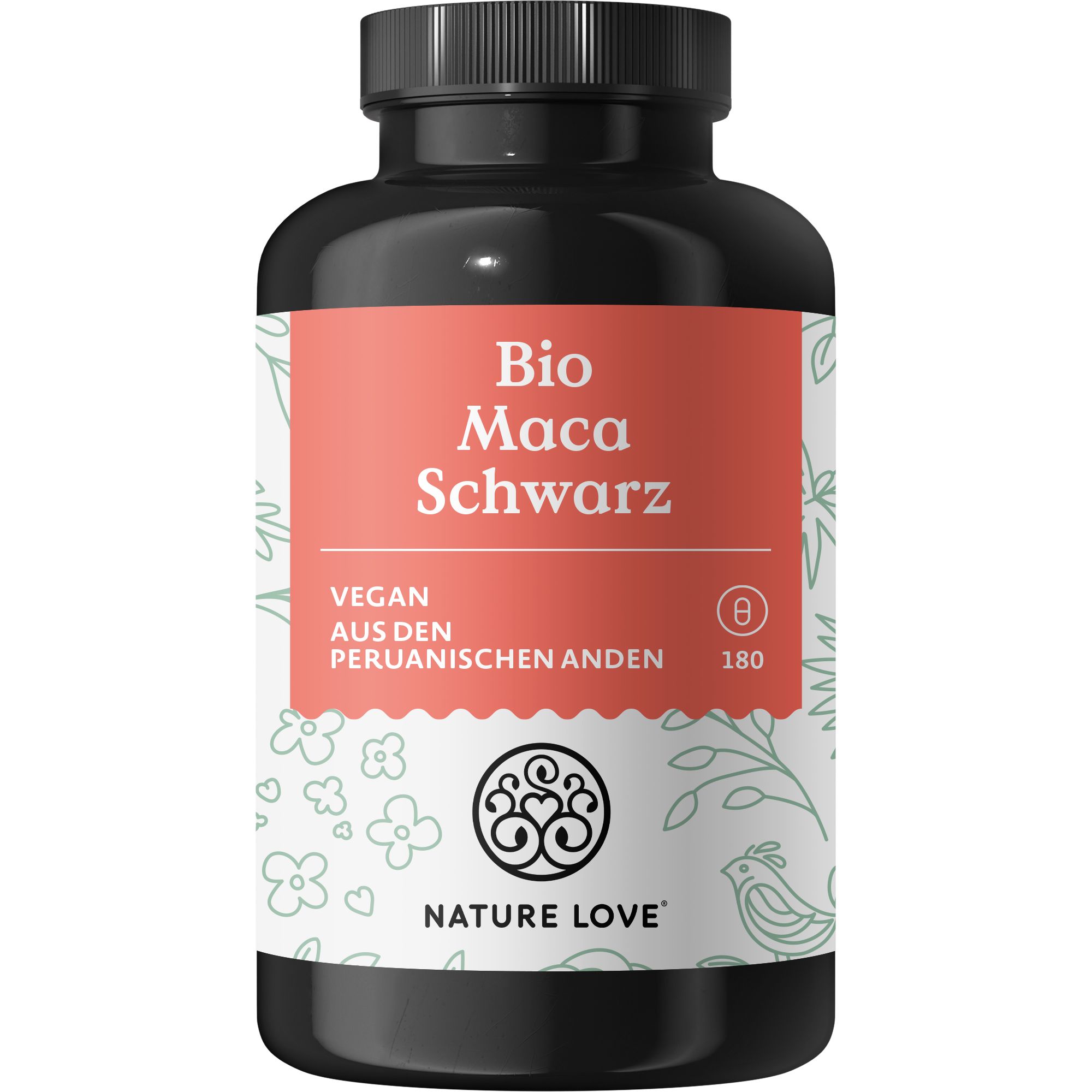 Schwarze Flasche mit rotem Etikett. Aufschrift: Bio Maca Schwarz, vegan. Logo und 180 Kapseln.