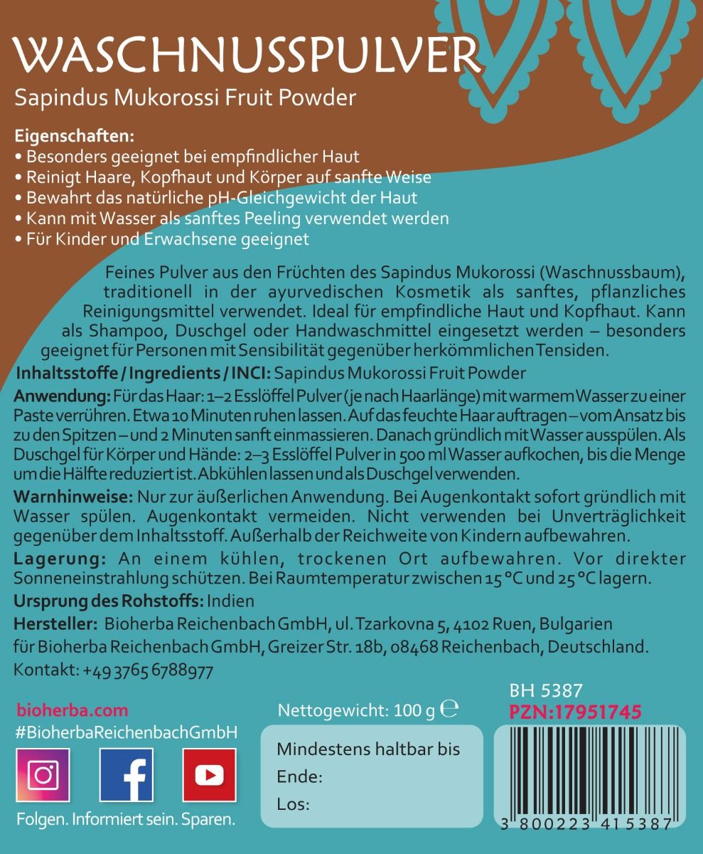 Rückseite des Beutels. Text: Waschnusspulver, Sapindus Mukorossi Fruit Powder. Informationen zu Inhaltsstoffen, Anwendung, Warnhinweisen und Lagerung.