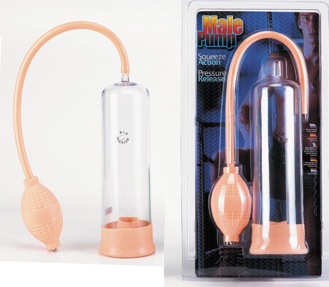 Durchsichtiger Zylinder mit rosa Basis und Pumpe. Flexibler Schlauch verbindet Pumpe und Zylinder. Produktname: Male Pump.